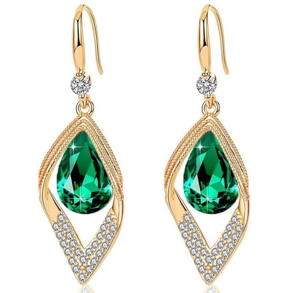 14K Yellow Gold with Emerald Green Austrian Crystal Halo Leaf Teardrop Earrings - Picture 1 of 7